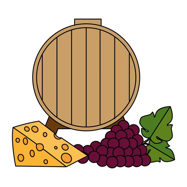 Botte di vino con grappolo d'uva e formaggio — Vettoriale Stock