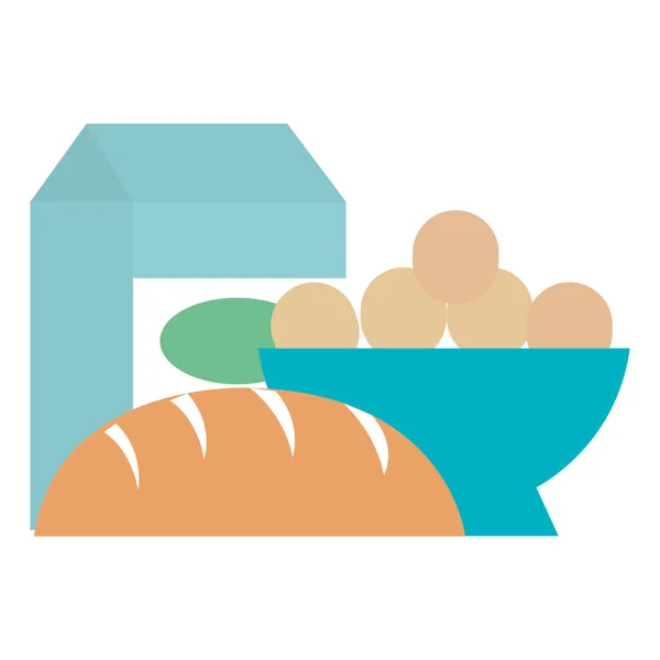 Delicioso pan con caja de leche y huevos — Vector de stock