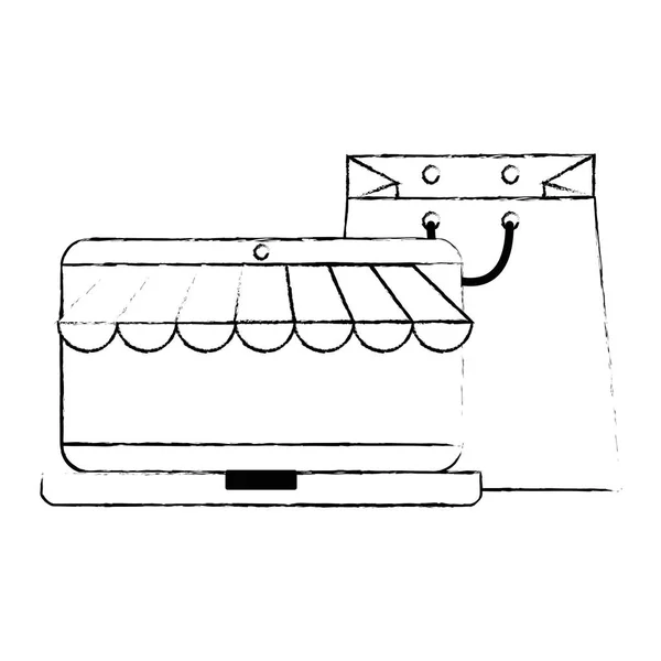 Laptop mit Sonnenschirm und Einkaufstasche — Stockvektor