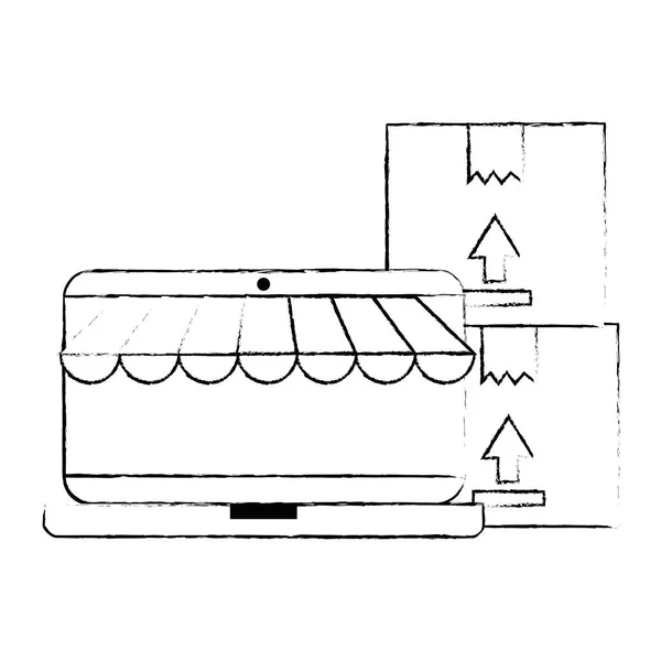 Portátil con parasol y cajas de cartón — Vector de stock