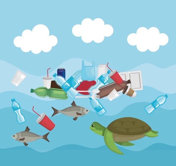 Zanieczyszczenie odpadami z tworzyw sztucznych w zwierzętach morskich — Wektor stockowy