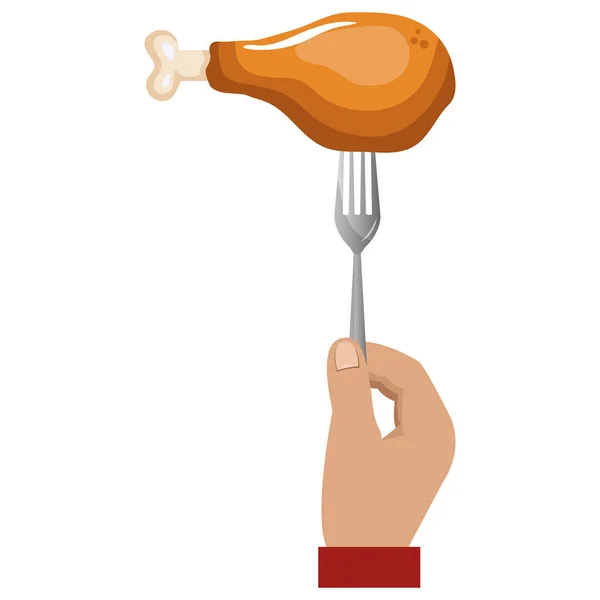 Mano con muslo de pollo en tenedor — Vector de stock