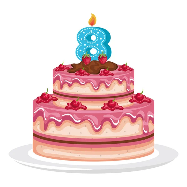 Delicioso pastel con vela número ocho celebración — Vector de stock