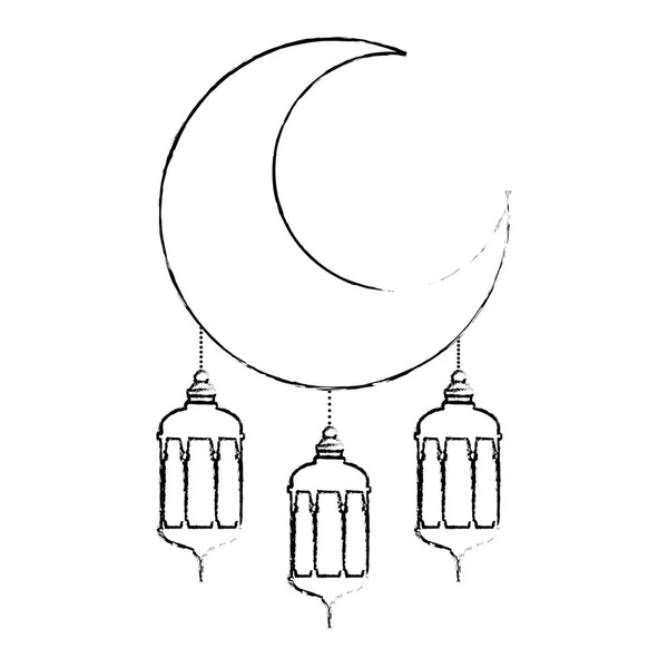Luna ramadan kareem con lampade appese — Vettoriale Stock