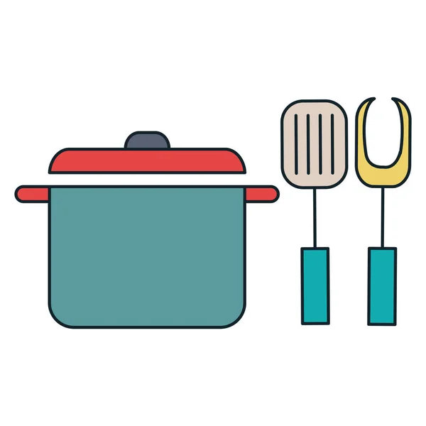 Panela de cozinha com garfo e espátula — Vetor de Stock