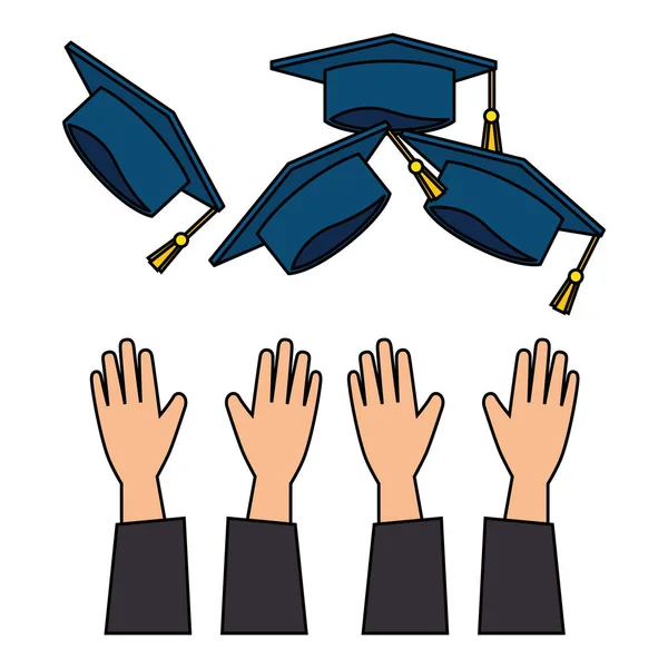 Throwing hands graduation hats — Stock Vector