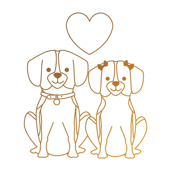 Bonito cães casal amantes com corações personagens —  Vetores de Stock