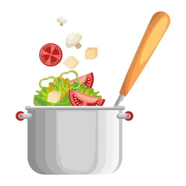 台所の鍋と鍋で調理する野菜 — ストックベクタ