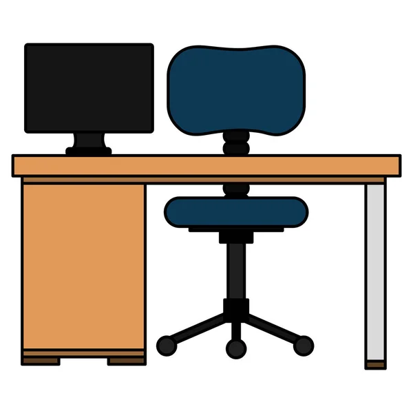 Escritório local de trabalho com mesa e desktop cena — Vetor de Stock