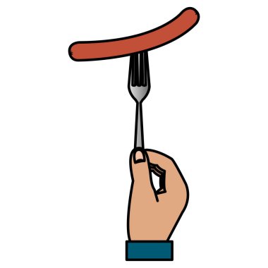 çatal lezzetli sosis ile adam