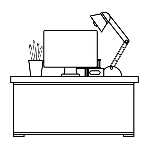 オフィス デスク、デスクトップのシーンと職場 — ストックベクタ