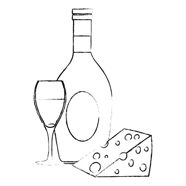 Botella de vino con taza y queso — Vector de stock