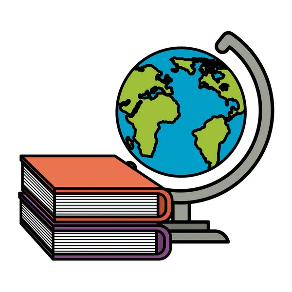 Libros pila de la escuela con el planeta mundo — Vector de stock