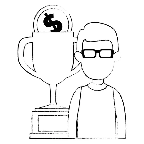 Ung man med Trophy Cup och Coin — Stock vektor