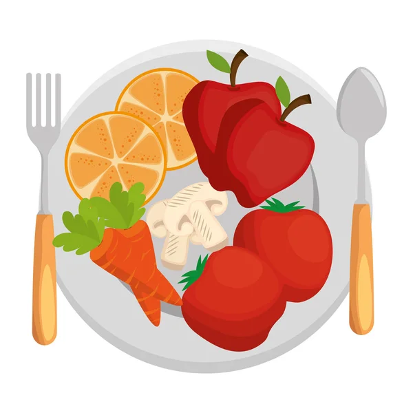 Посуда и столовые приборы с фруктами и овощами — стоковый вектор