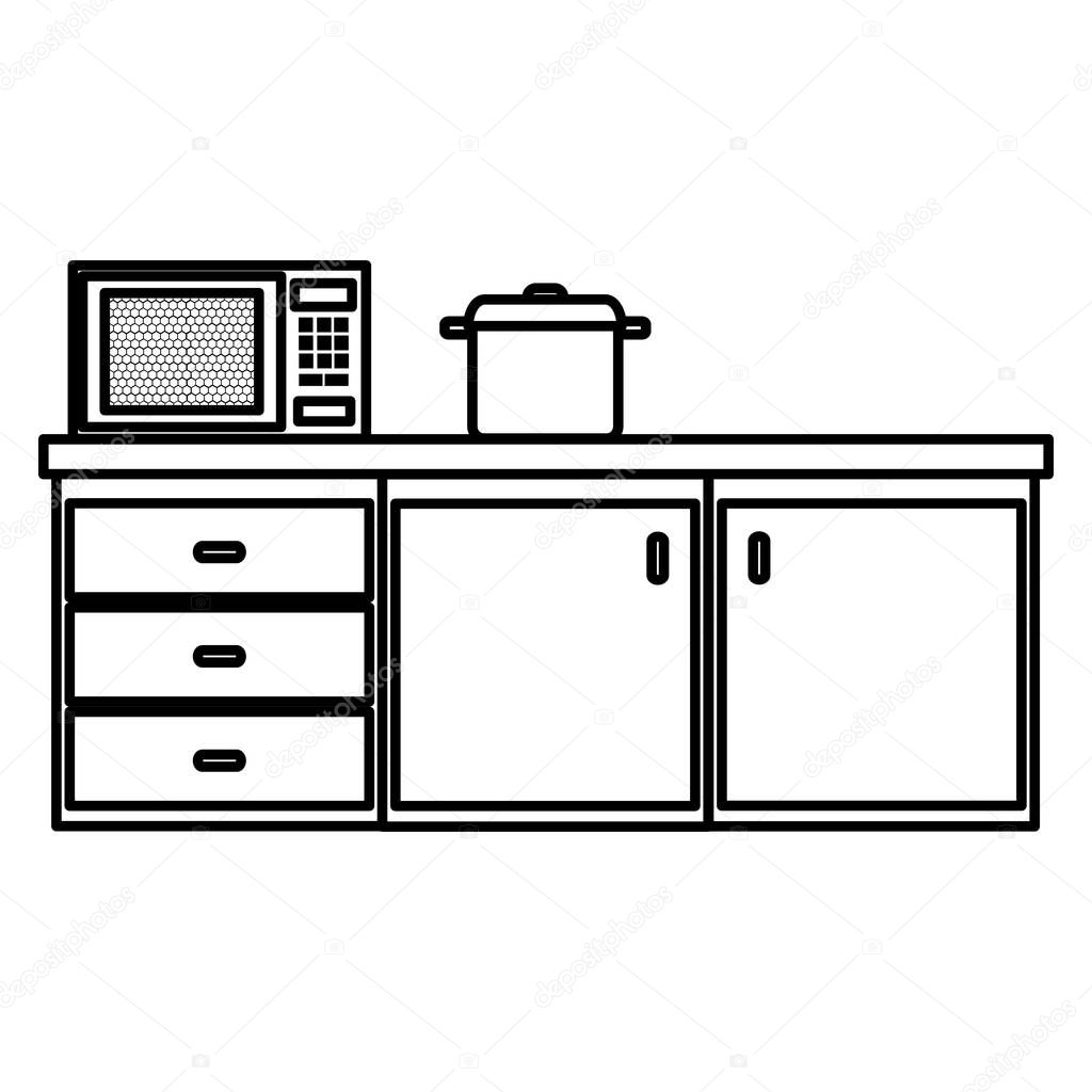 kitchen drawer with microwave oven and pot