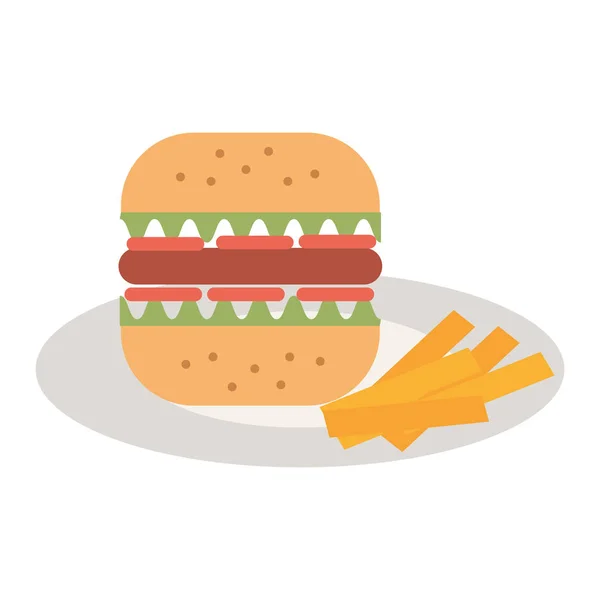 Deliciosa hamburguesa en plato con papas fritas — Archivo Imágenes Vectoriales