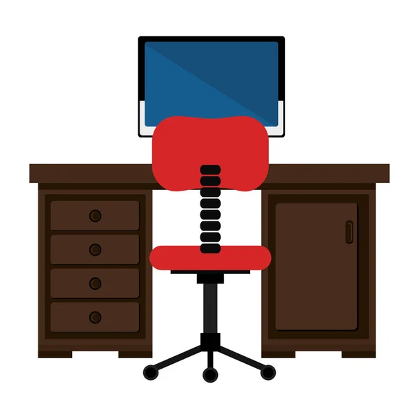 Büro-Arbeitsplatz mit Schreibtisch und Desktop-Szene — Stockvektor
