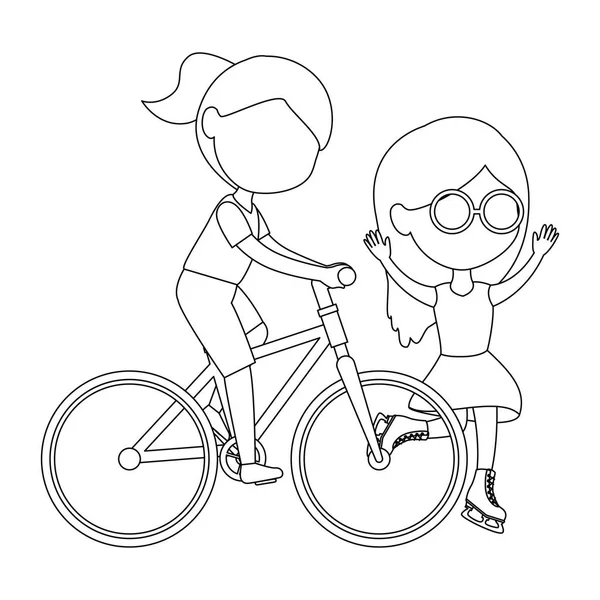 Μικρά κορίτσια φίλοι ιππασία με το ποδήλατο και πατίνια χαρακτήρες — Διανυσματικό Αρχείο