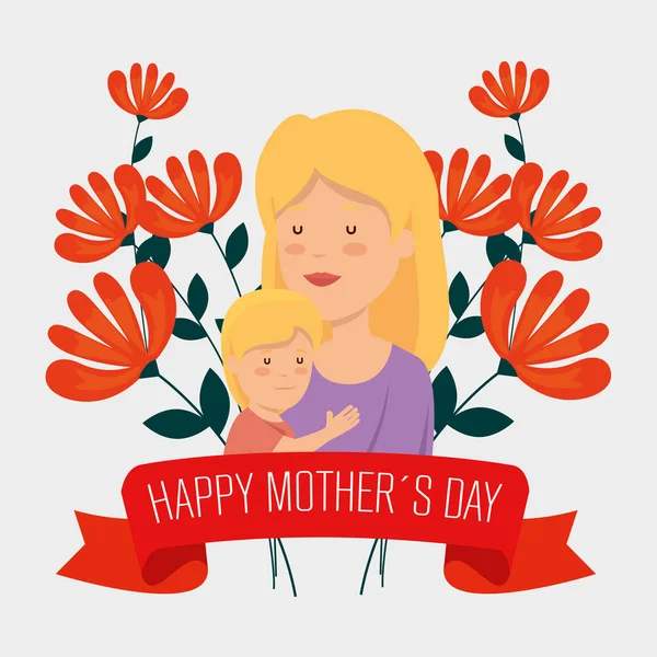 Mujer de belleza con su hijo y flores para el día de las madres — Vector de stock