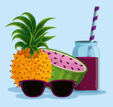 içecek ve güneş gözlüğü ile egzotik ananas ve karpuz