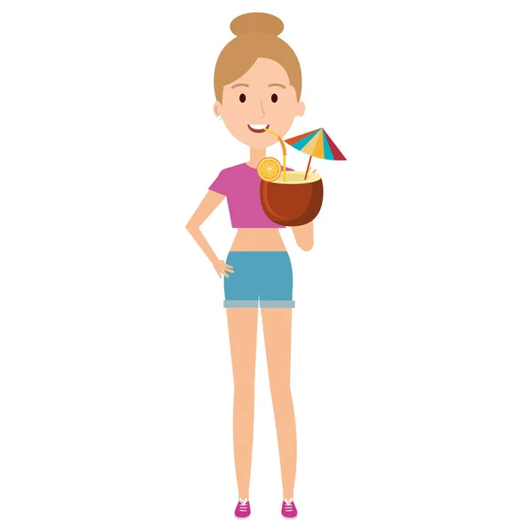 年轻女子与椰子鸡尾酒 — 图库矢量图片