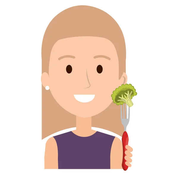 Mujer con brócoli fresco en tenedor — Vector de stock
