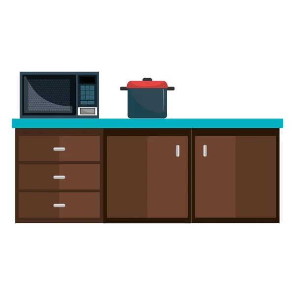Cajón de la cocina con horno microondas y olla — Archivo Imágenes Vectoriales
