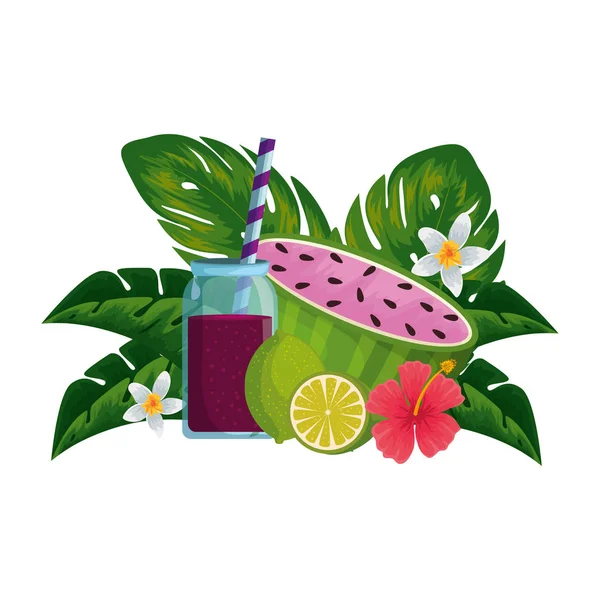 Zumo de sandía con maceta y decoración floral — Vector de stock