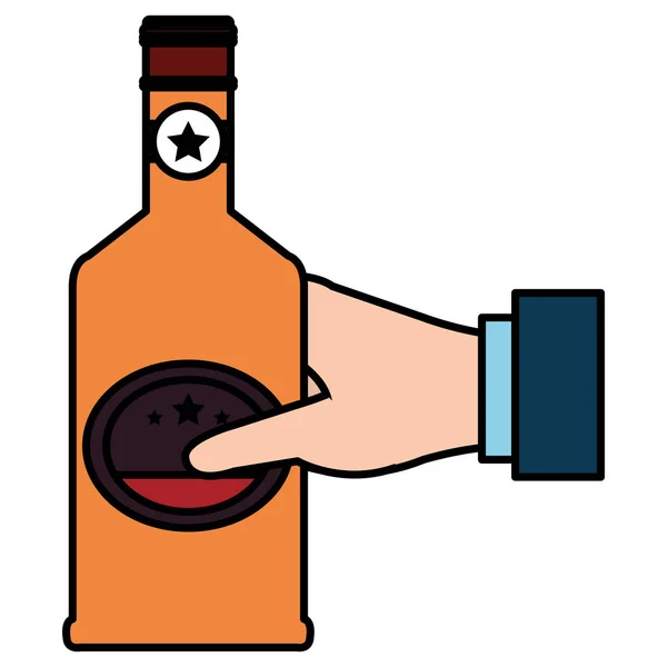 Mano con botella de whisky bebida — Vector de stock