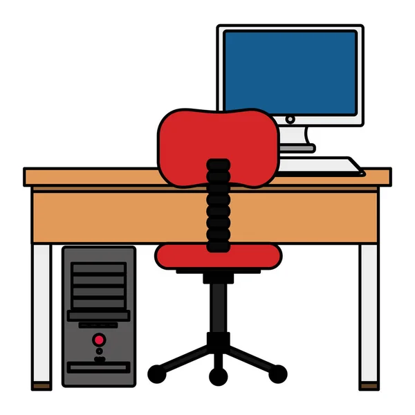 Büro-Arbeitsplatz mit Schreibtisch und Desktop-Szene — Stockvektor