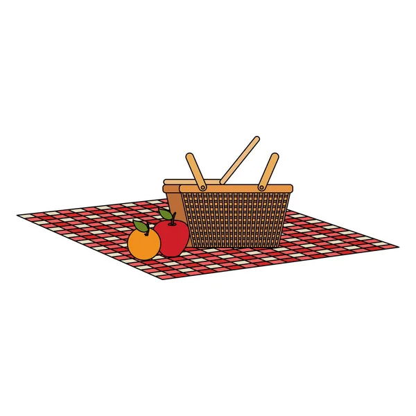 Кошик для пікніка з фруктами на скатертині — стоковий вектор