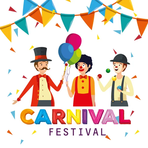 Magicien avec clown et mime à la célébration du carnaval avec bannière de fête — Image vectorielle