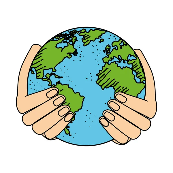 Mãos levantando planeta terra mundo — Vetor de Stock