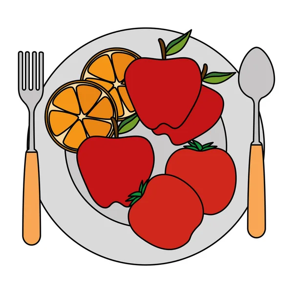 Plato y cubiertos con menú de frutas — Vector de stock