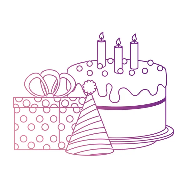 Délicieux gâteau avec cadeaux cadeaux et chapeau — Image vectorielle