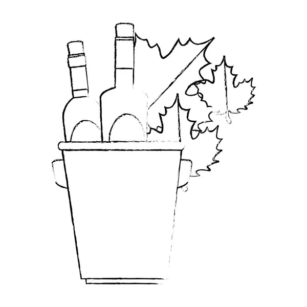 Bouteilles de vin dans un seau avec des feuilles — Image vectorielle