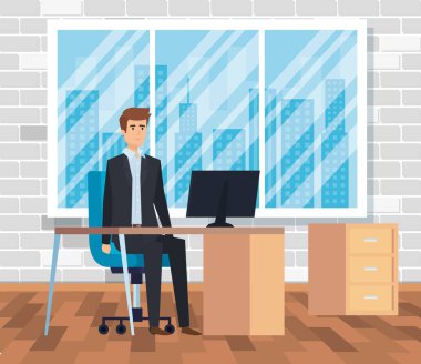 masa ve pencerede bilgisayar ile profesyonel işadamı