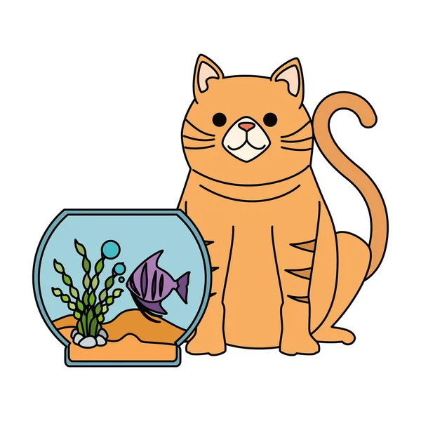 Aquarium bowl with colors fish and cat — Stock Vector
