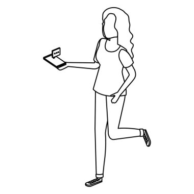 Kadın konuşma baloncuğu ile akıllı telefon kullanıyor