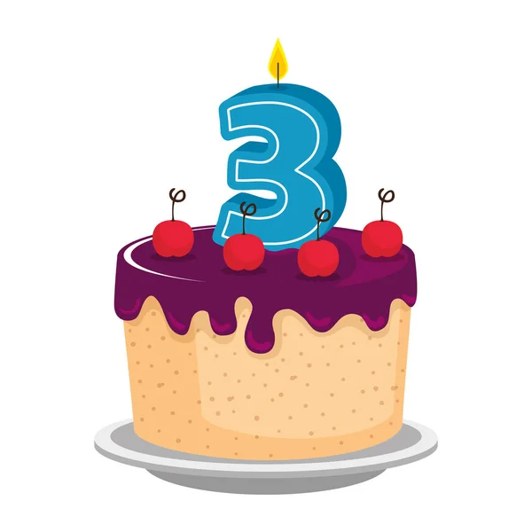 Lindo número tres vela con pastel dulce — Vector de stock