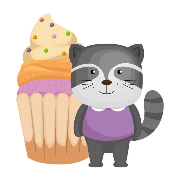かわいいアライグマと甘いカップケーキ — ストックベクタ