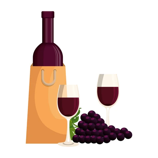 Garrafa de vinho com xícara e uvas — Vetor de Stock