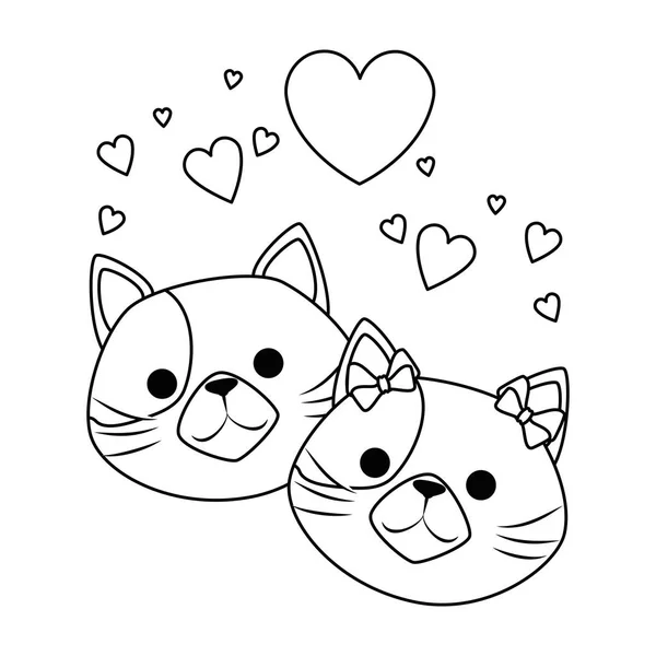 Bonito gatos mascotes cabeça com corações personagens — Vetor de Stock