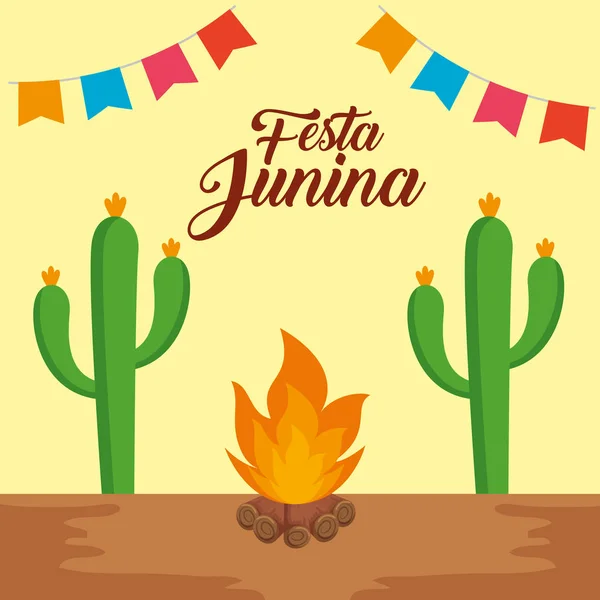 Banner festa con impianto di cactus e fuoco a legna — Vettoriale Stock