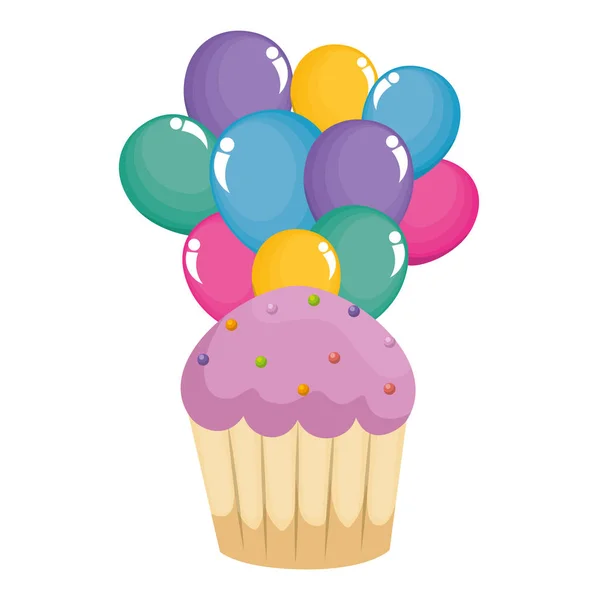 Zoete cupcake gebak met ballonnen helium — Stockvector