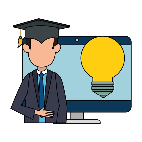 Student graduated with computer and bulb — Stock Vector
