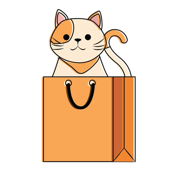 Lindo gato mascota en la bolsa de compras carácter — Vector de stock