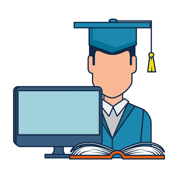 Diák érettségi számítógéppel és könyvvel — Stock Vector