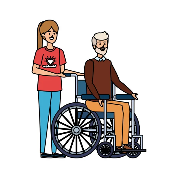 Ung man volontär med gammal man i rullstol — Stock vektor